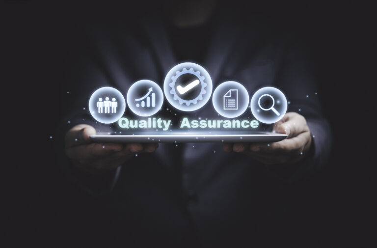 Hand holding the best quality assurance with icons on tablet for guarantee product and ISO service concept.